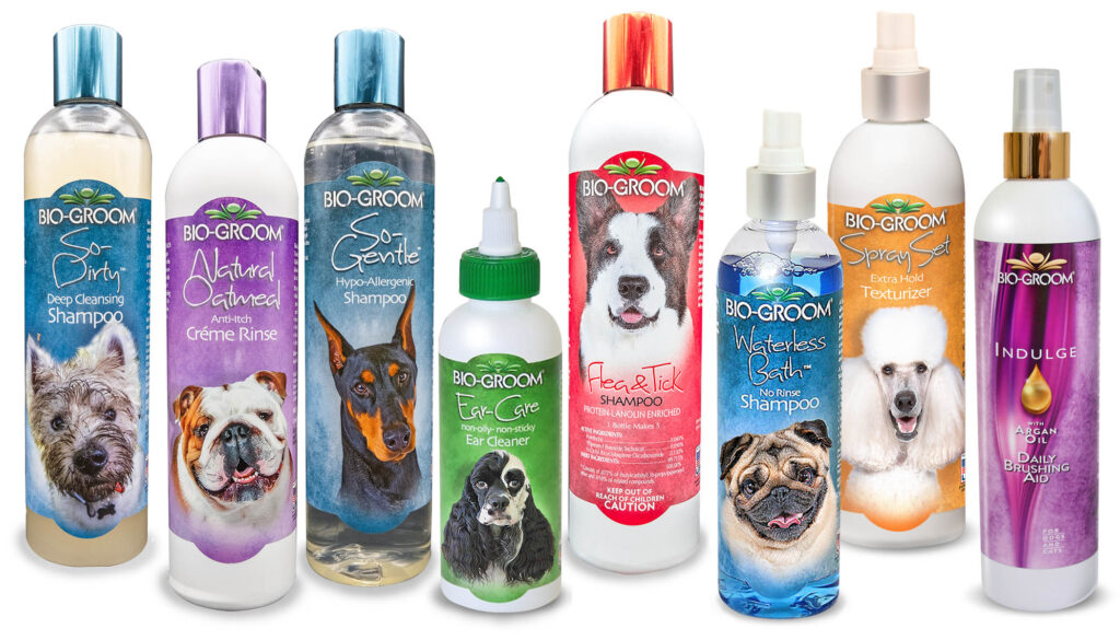 Bottles of eight different Bio-Groom dog products arranged in a row.
