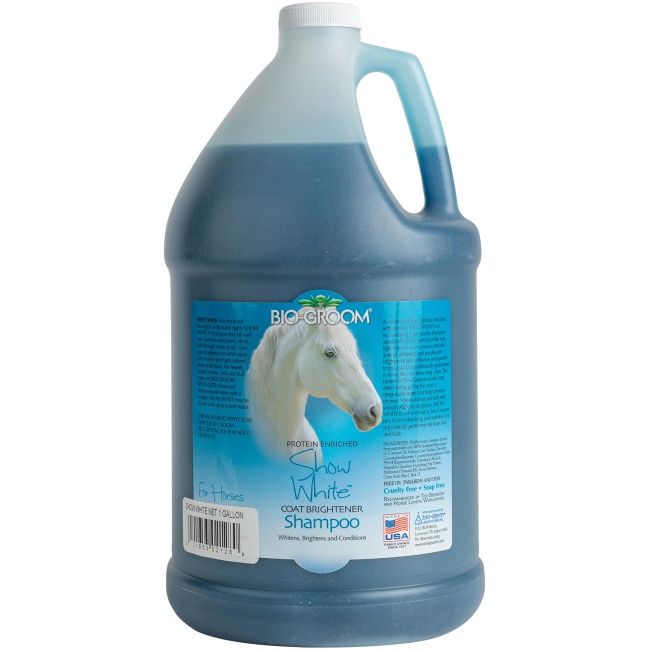 Bio-Groom's line of color-enhancing horse shampoo for white coats, Show White, in a 1-gallon bottle.